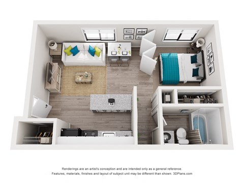 a stylized floor plan with a bedroom and a living room